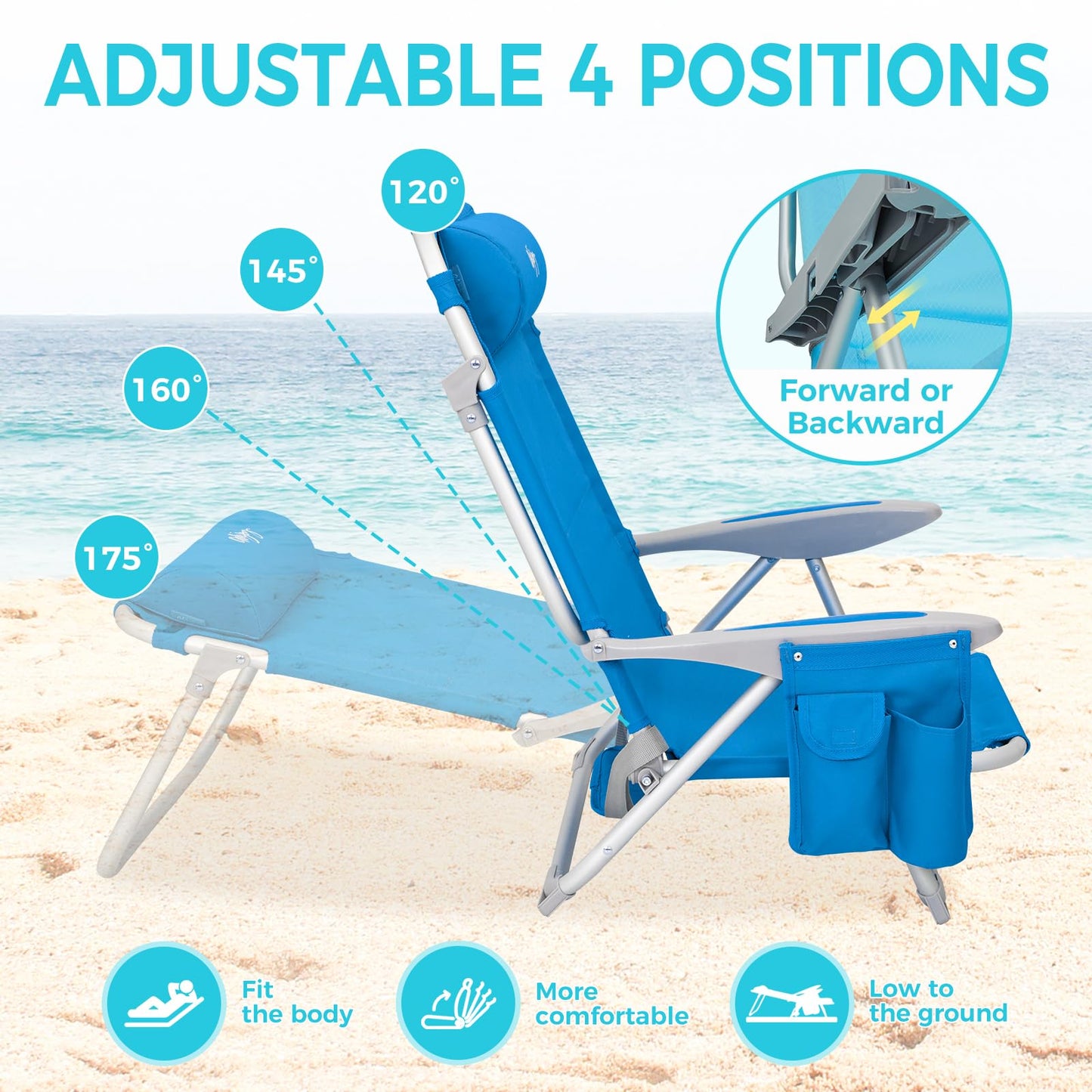 WEJOY Adjustable 4 Position Reclining Low Seat Folding Beach Chair 2 Pack