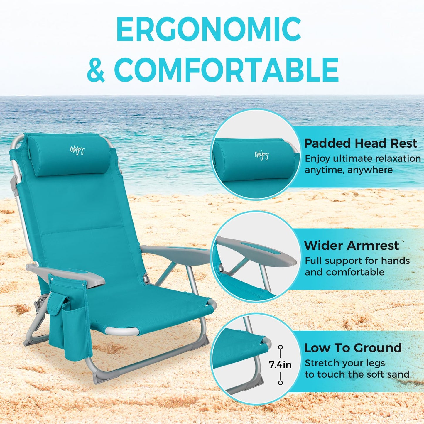 WEJOY Adjustable 4 Position Reclining Low Seat Folding Beach Chair 2 Pack