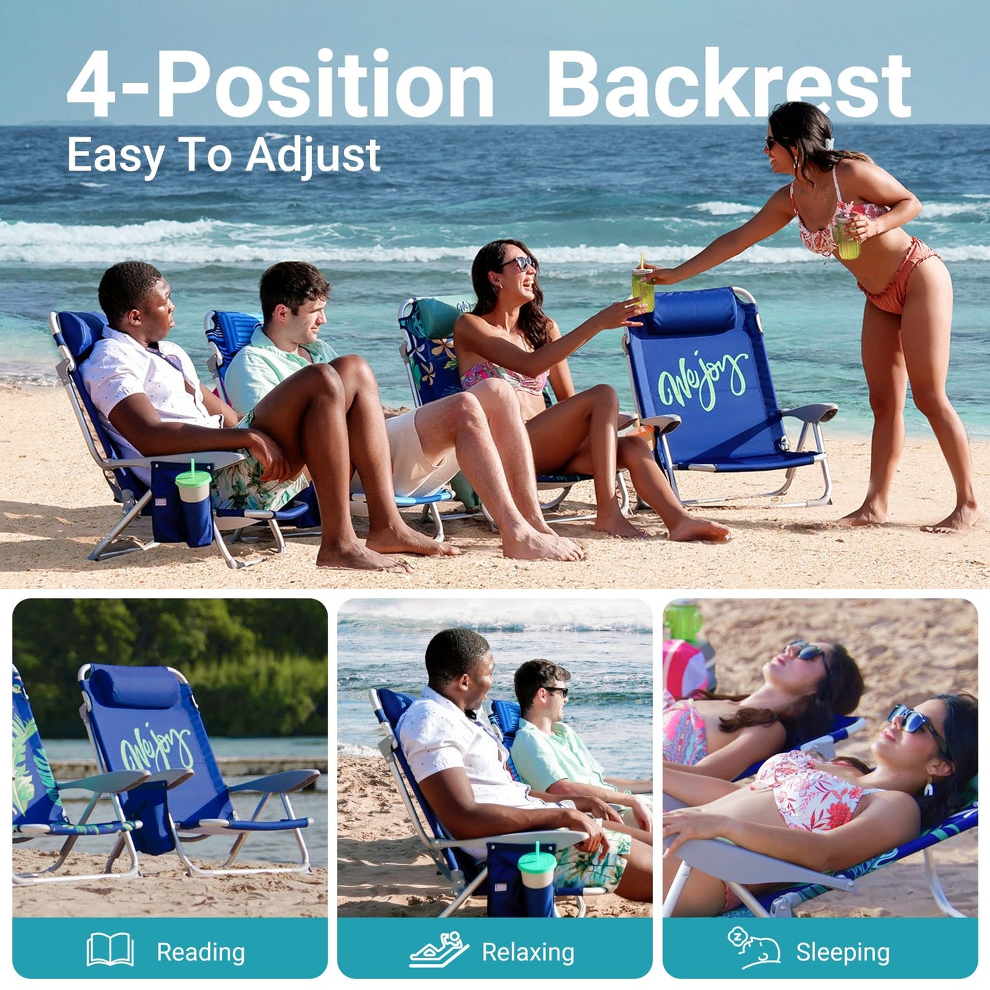 WEJOY Adjustable 4 Position Reclining Low Seat Folding Beach Chair