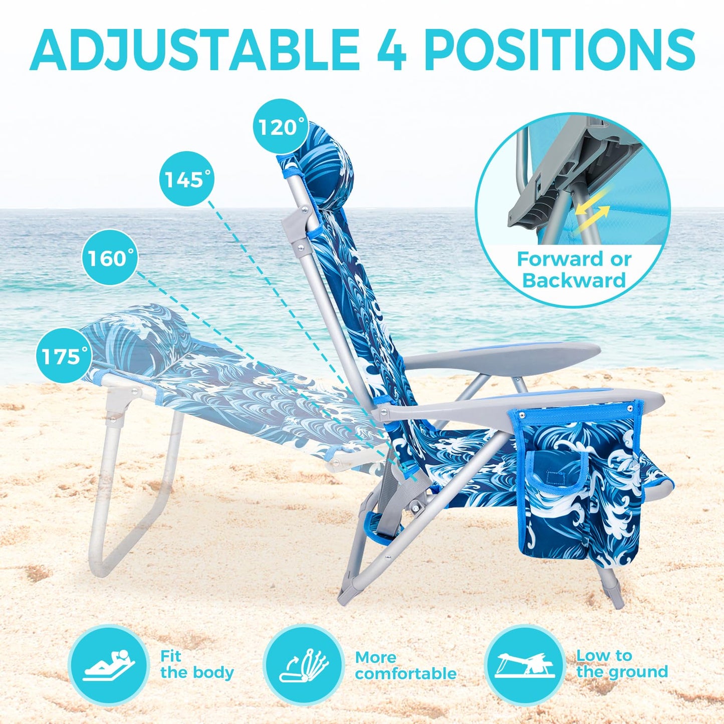 WEJOY Adjustable 4 Position Reclining Low Seat Folding Beach Chair 2 Pack