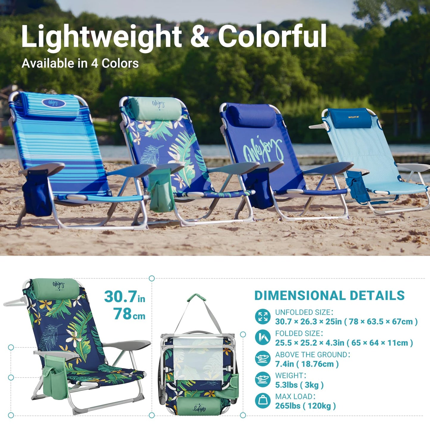 WEJOY Adjustable 4 Position Reclining Low Seat Folding Beach Chair