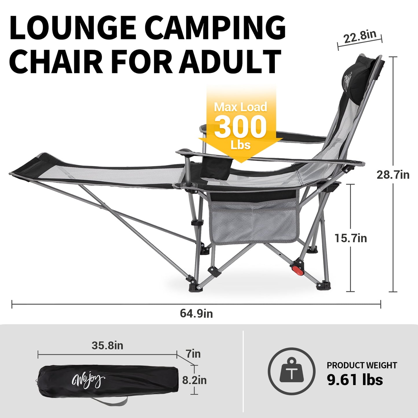 WEJOY Convertible Reclining Outdoor Lawn Chair with 3 Adjustable Positions