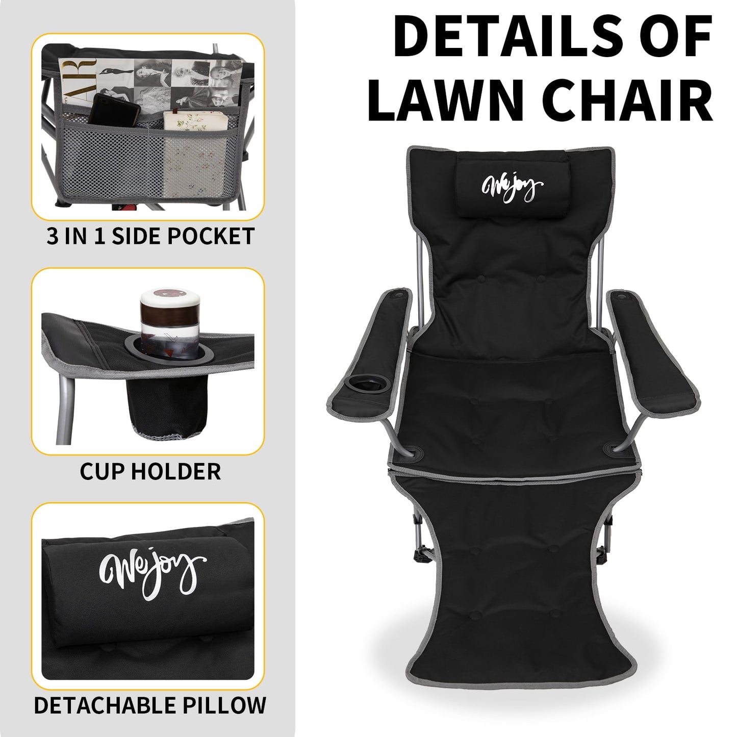 WEJOY Versatile 2-in-1 Padded 3-Position Adjustable Outdoor Folding Lounge Lawn Chair