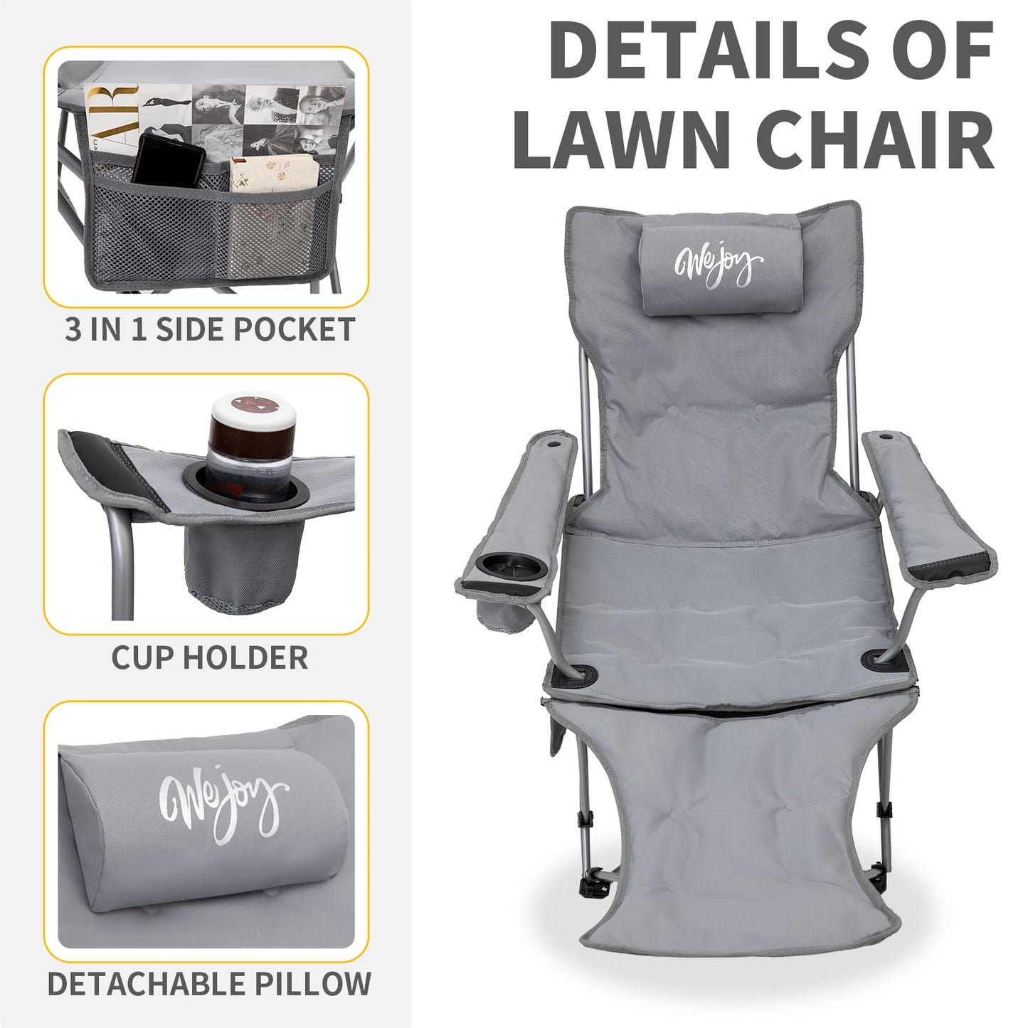 WEJOY Versatile 2-in-1 Padded 3-Position Adjustable Outdoor Folding Lounge Lawn Chair