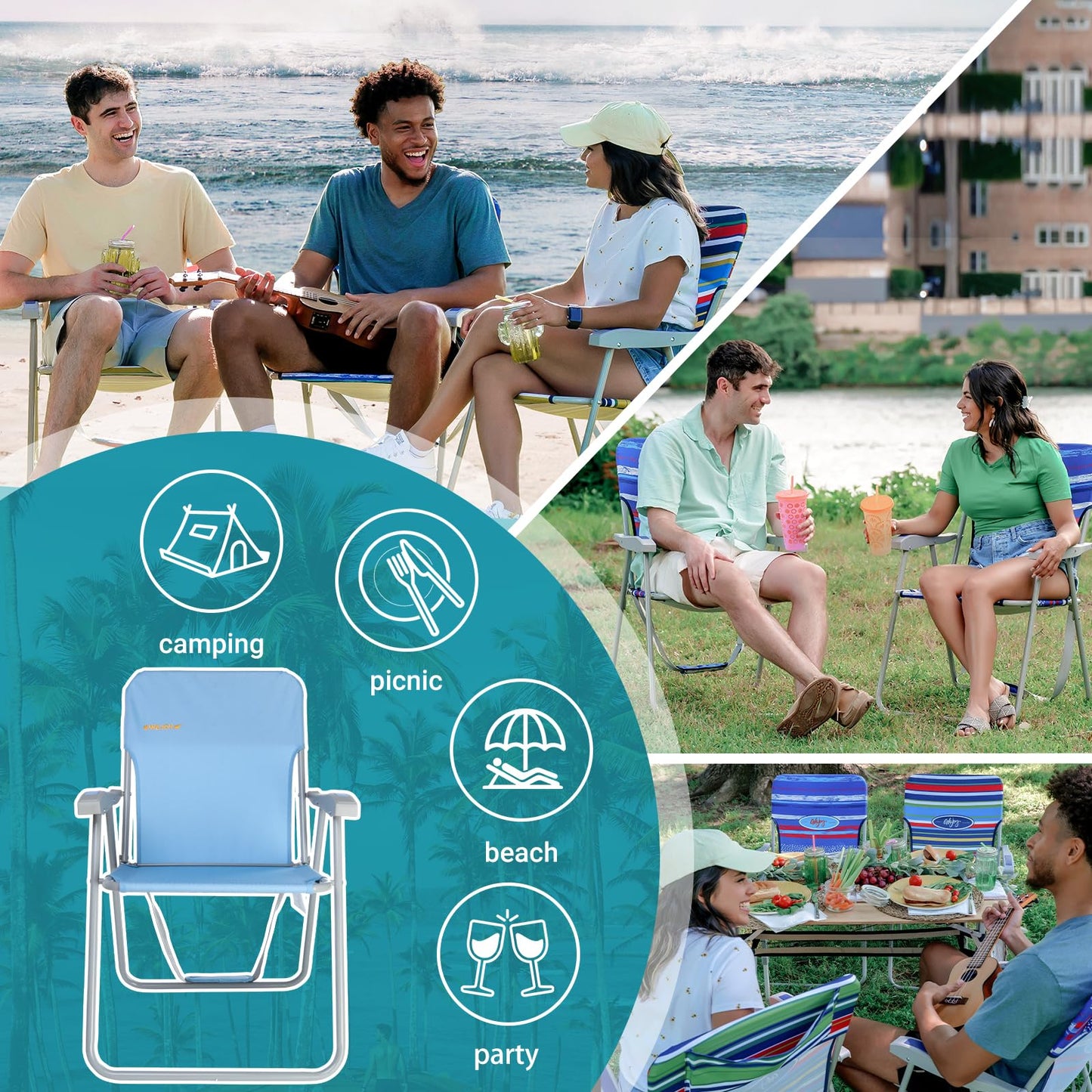 WEJOY 2 Pack Portable Blue Striped Print Folding Lawn Beach Chair
