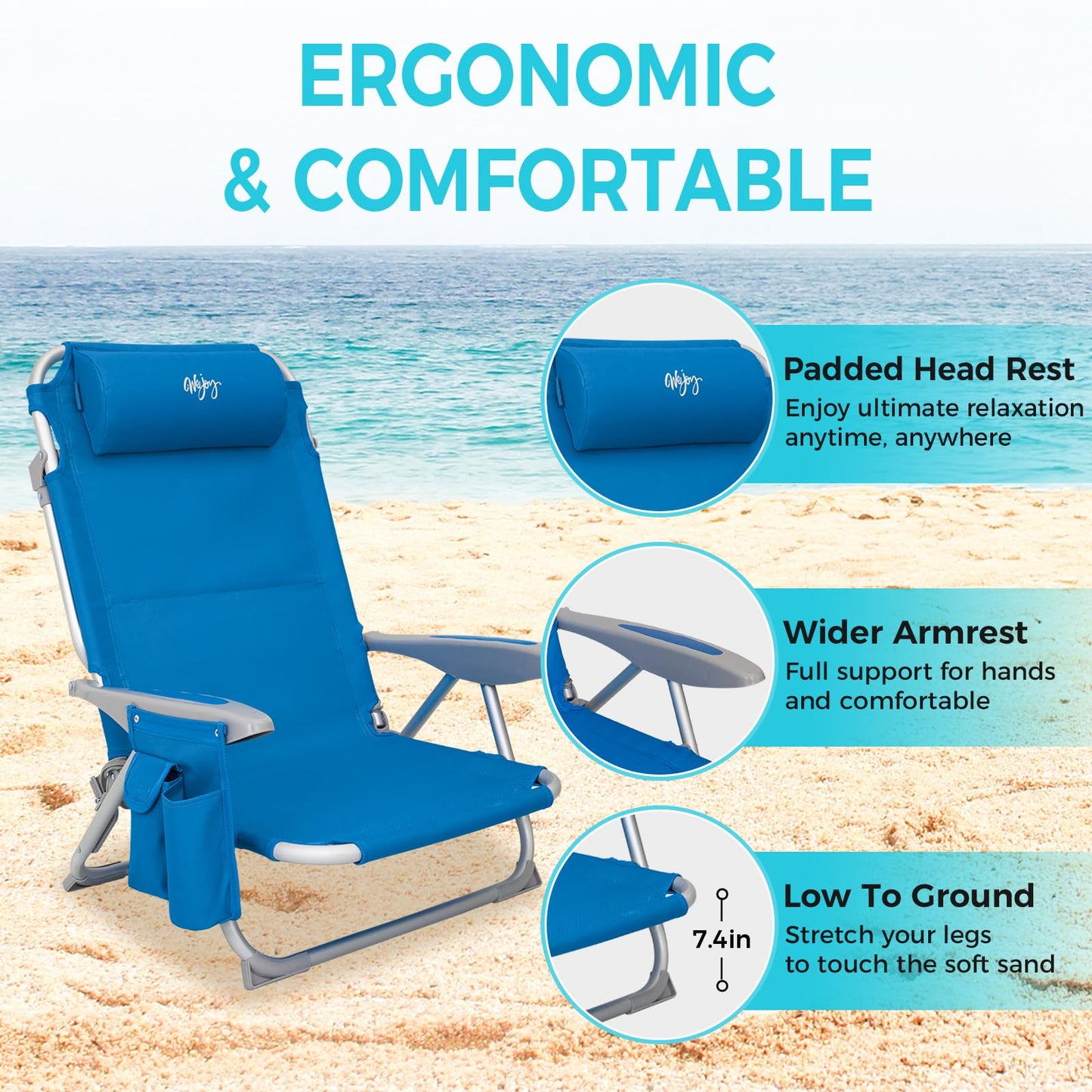 WEJOY Adjustable 4 Position Reclining Low Seat Folding Beach Chair 2 Pack