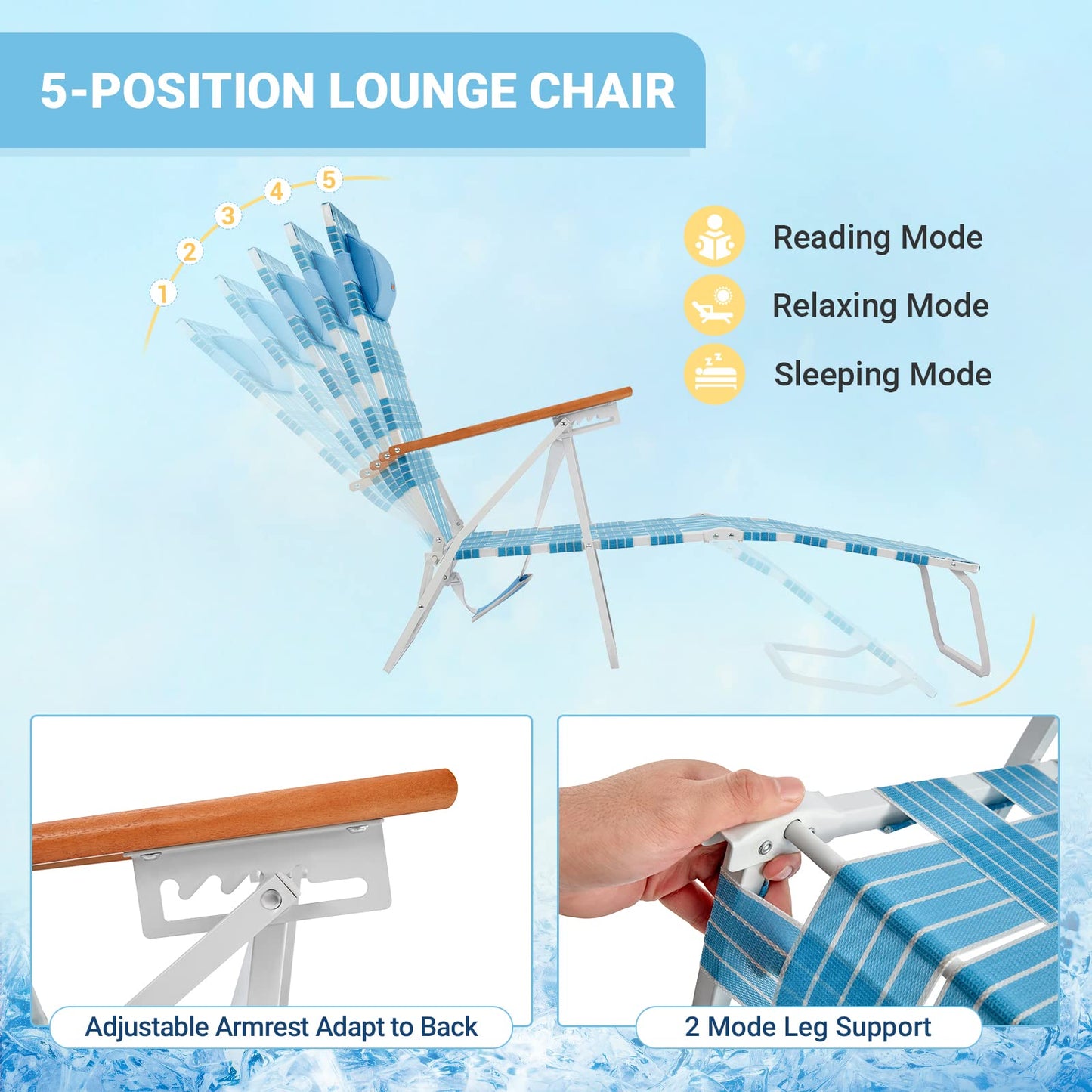 WEJOY 2 Pick Adjustable Folding Webbing Beach Chaise Lounge Chair