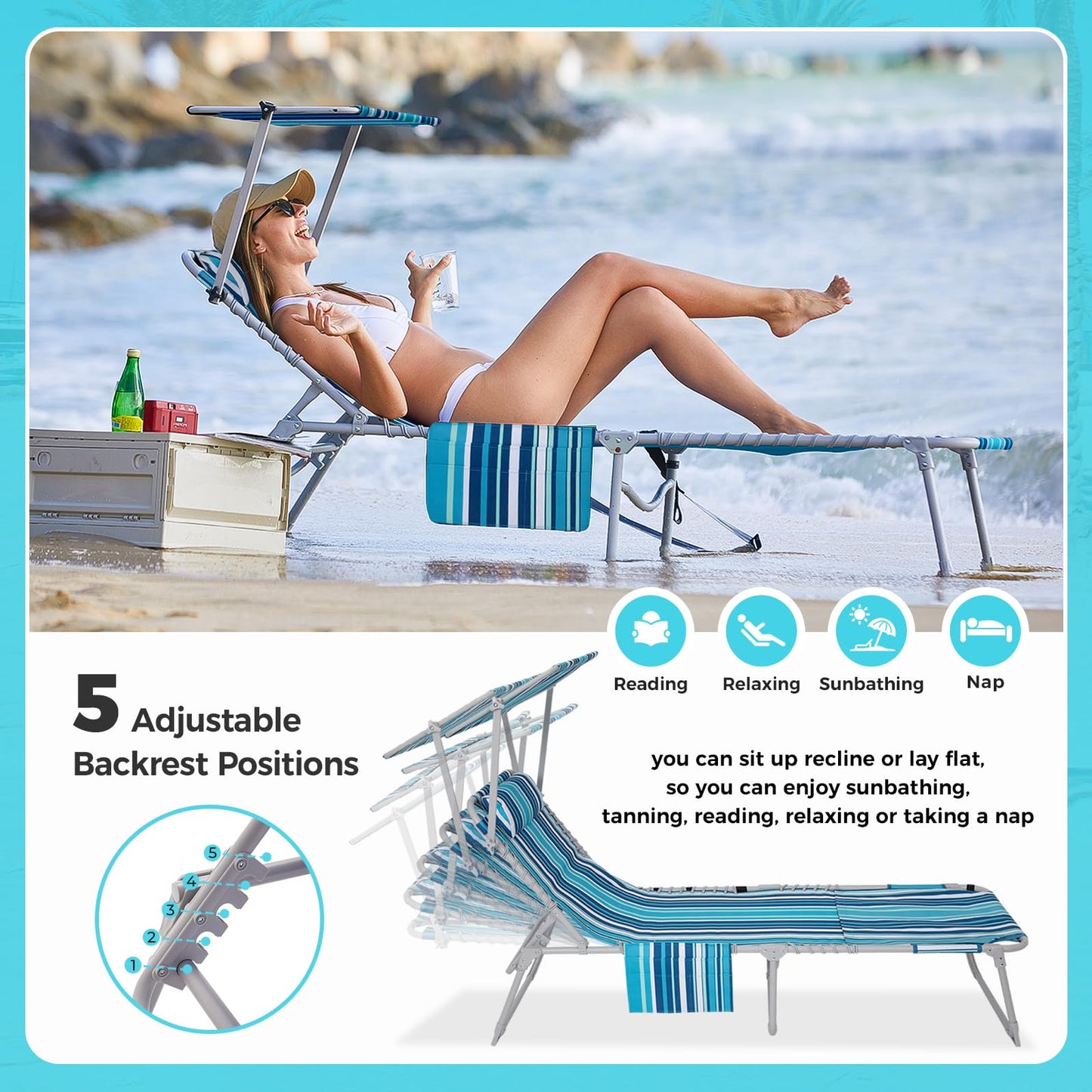 WEJOY Premium Adjustable Beach Lounge Chair Sun Loungers
