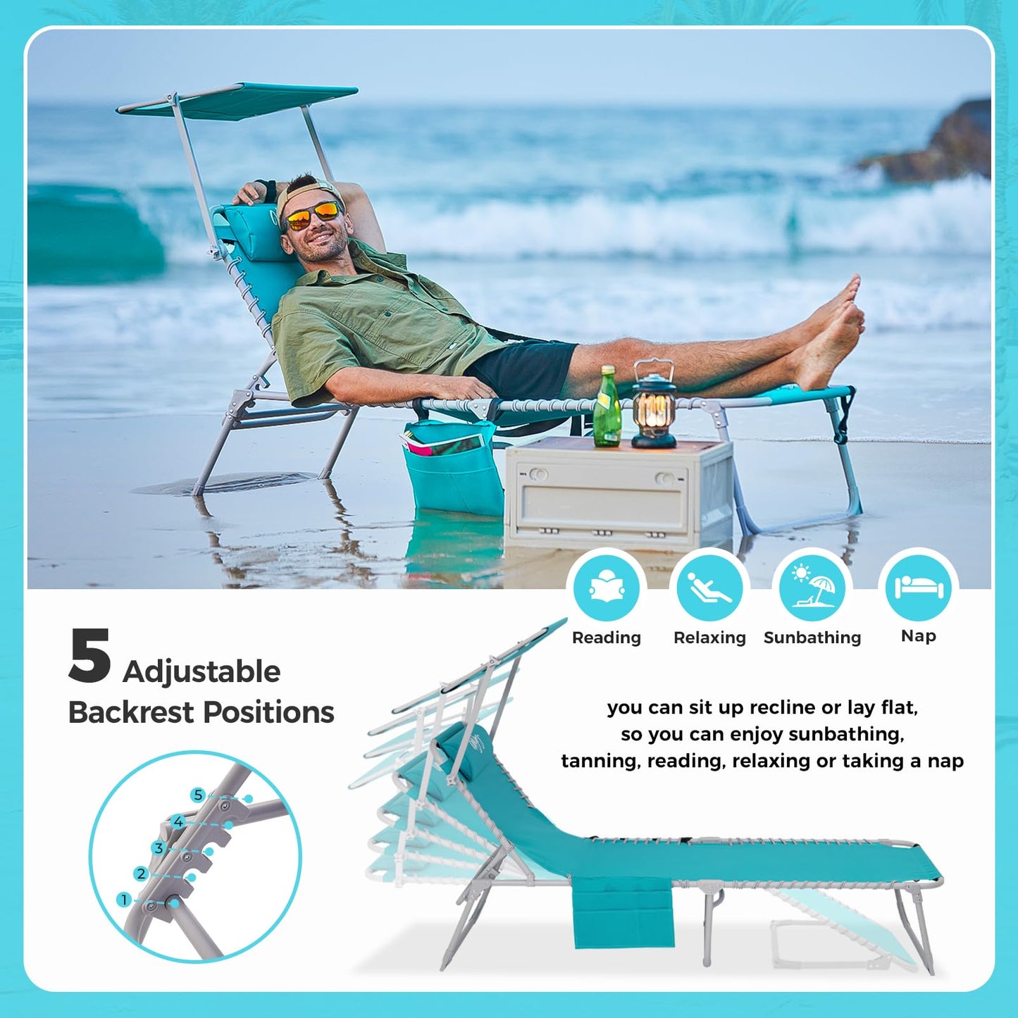 WEJOY Classic Portable Lounge Chair with Canopy Sun Shade