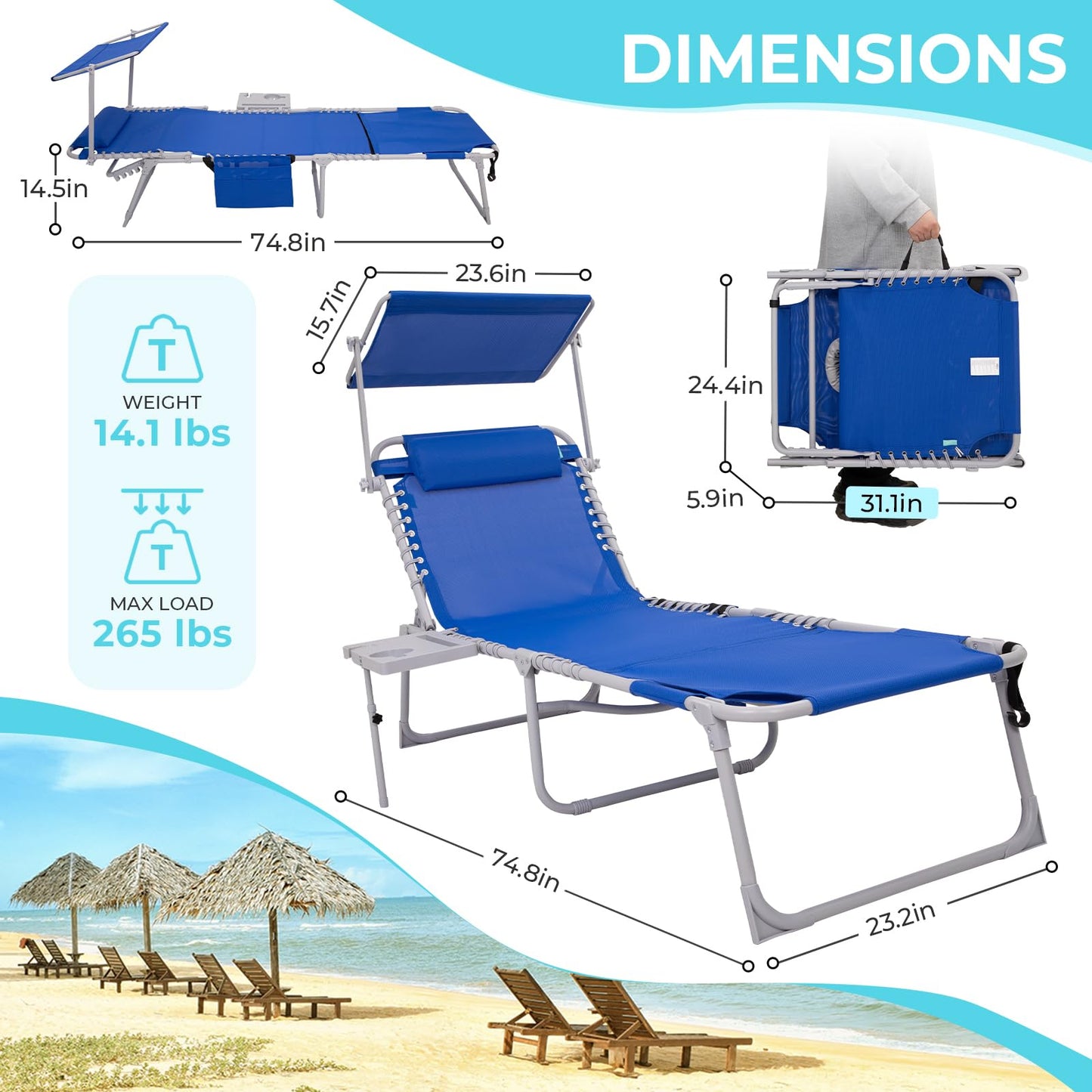 WEJOY Teslin Beach Lounge Chair Plus with Umbrella & Face Hole