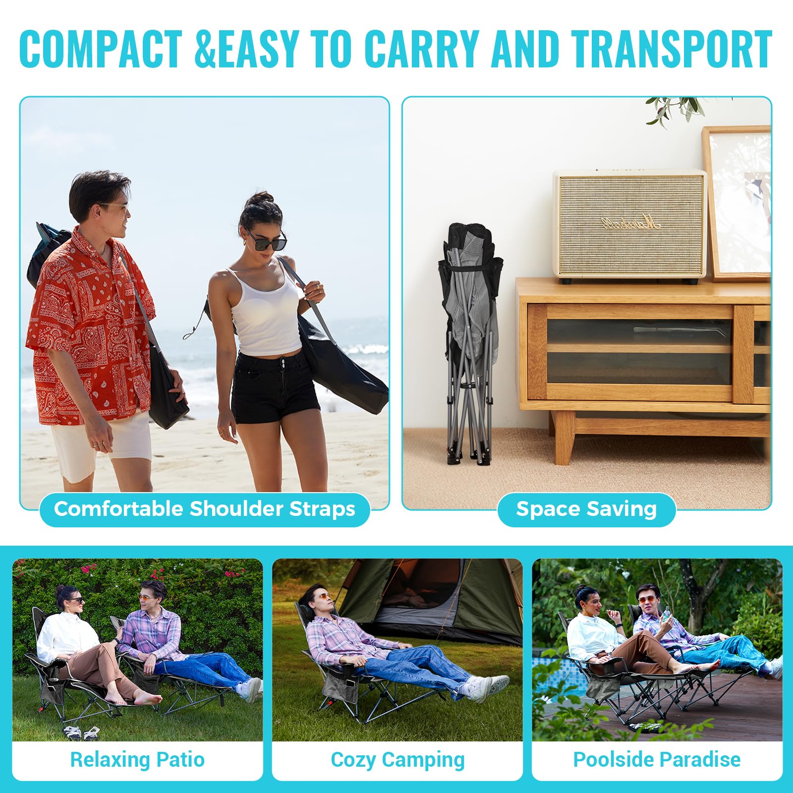 WEJOY 4-Position Reclining Camp Chair Black Compact and Easy to Carry