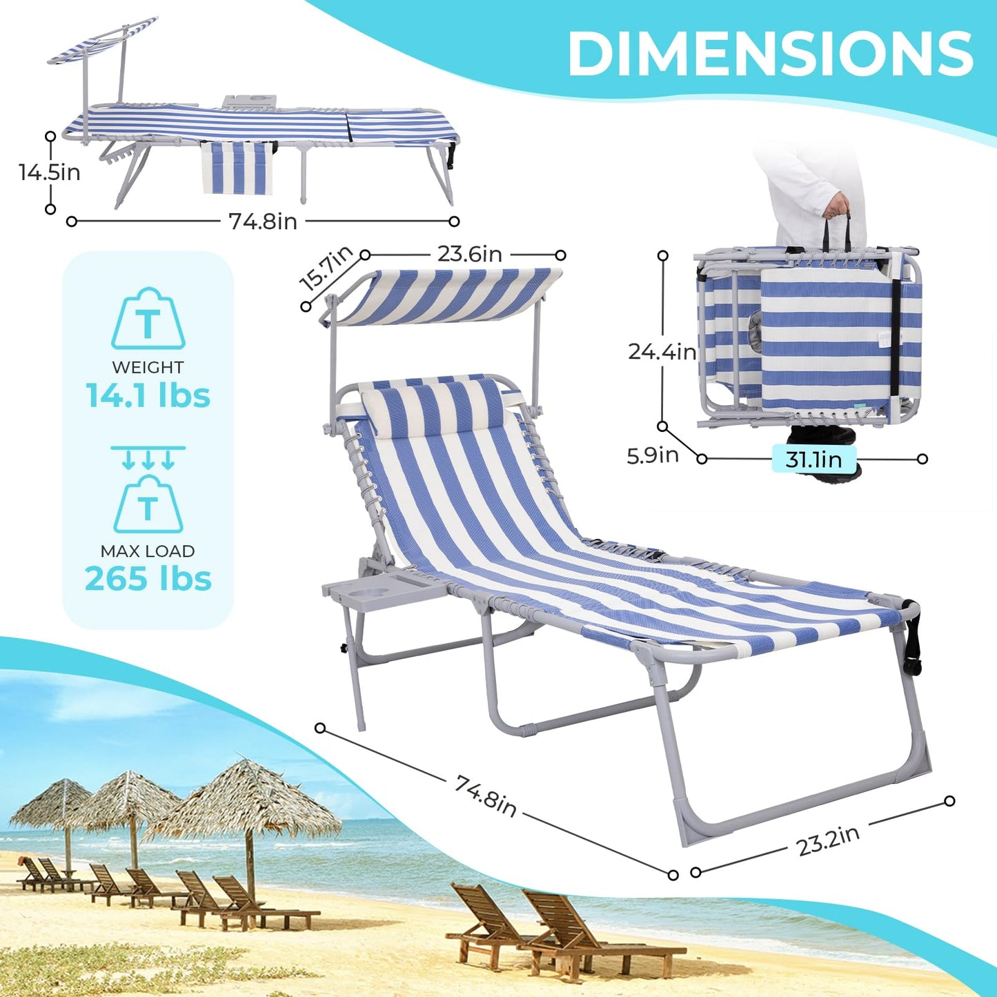 WEJOY Teslin Beach Lounge Chair Plus with Umbrella & Face Hole