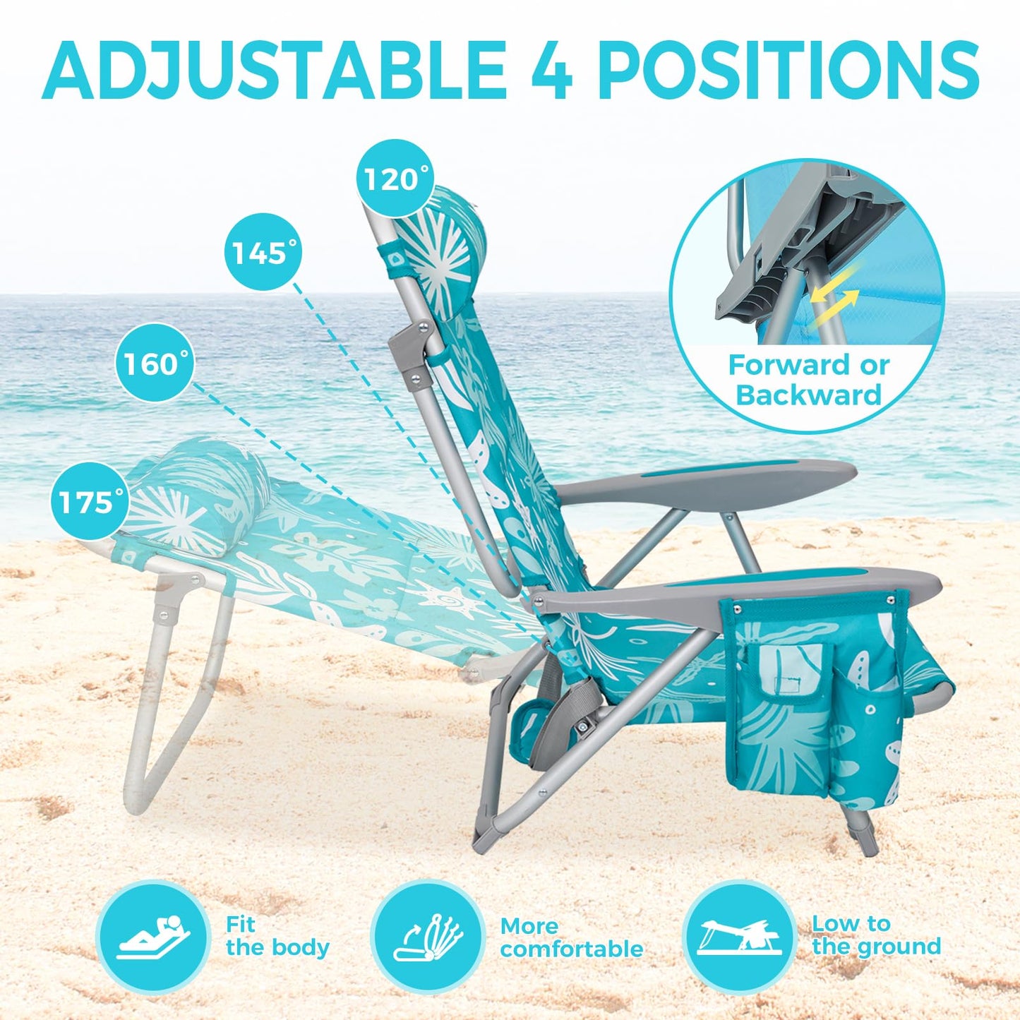 WEJOY Adjustable 4-Position Portable Reclining Beach Chair 「2024 New Color」