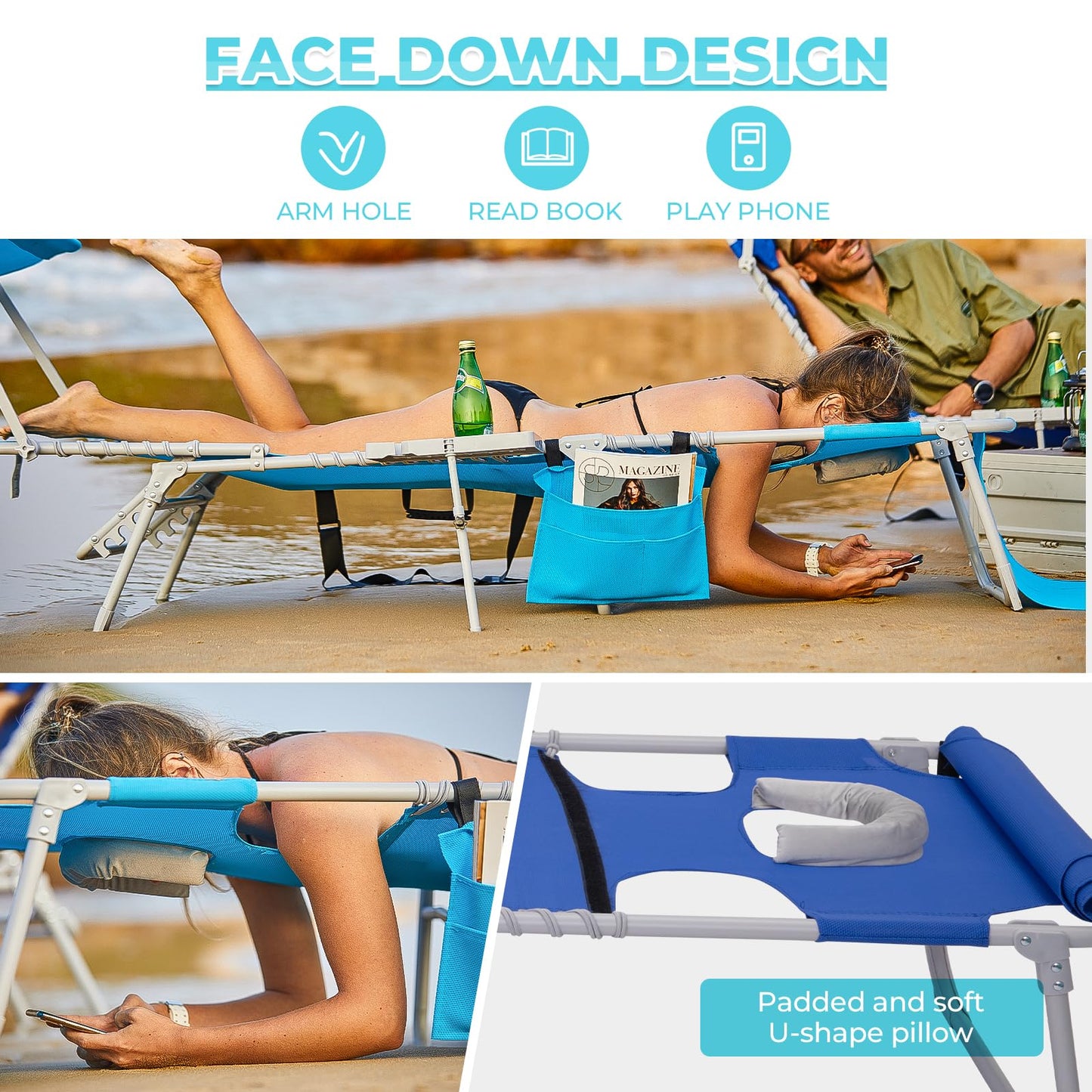 WEJOY Teslin Beach Lounge Chair Plus with Umbrella & Face Hole