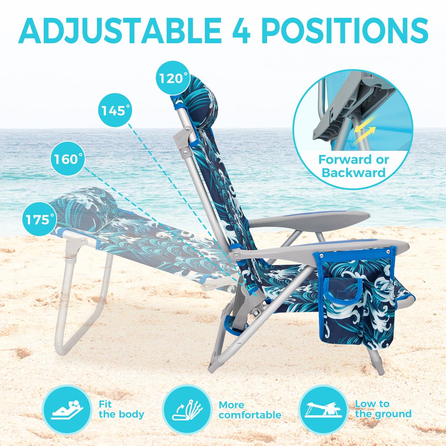 WEJOY Adjustable 4-Position Portable Reclining Beach Chair 「2024 New Color」