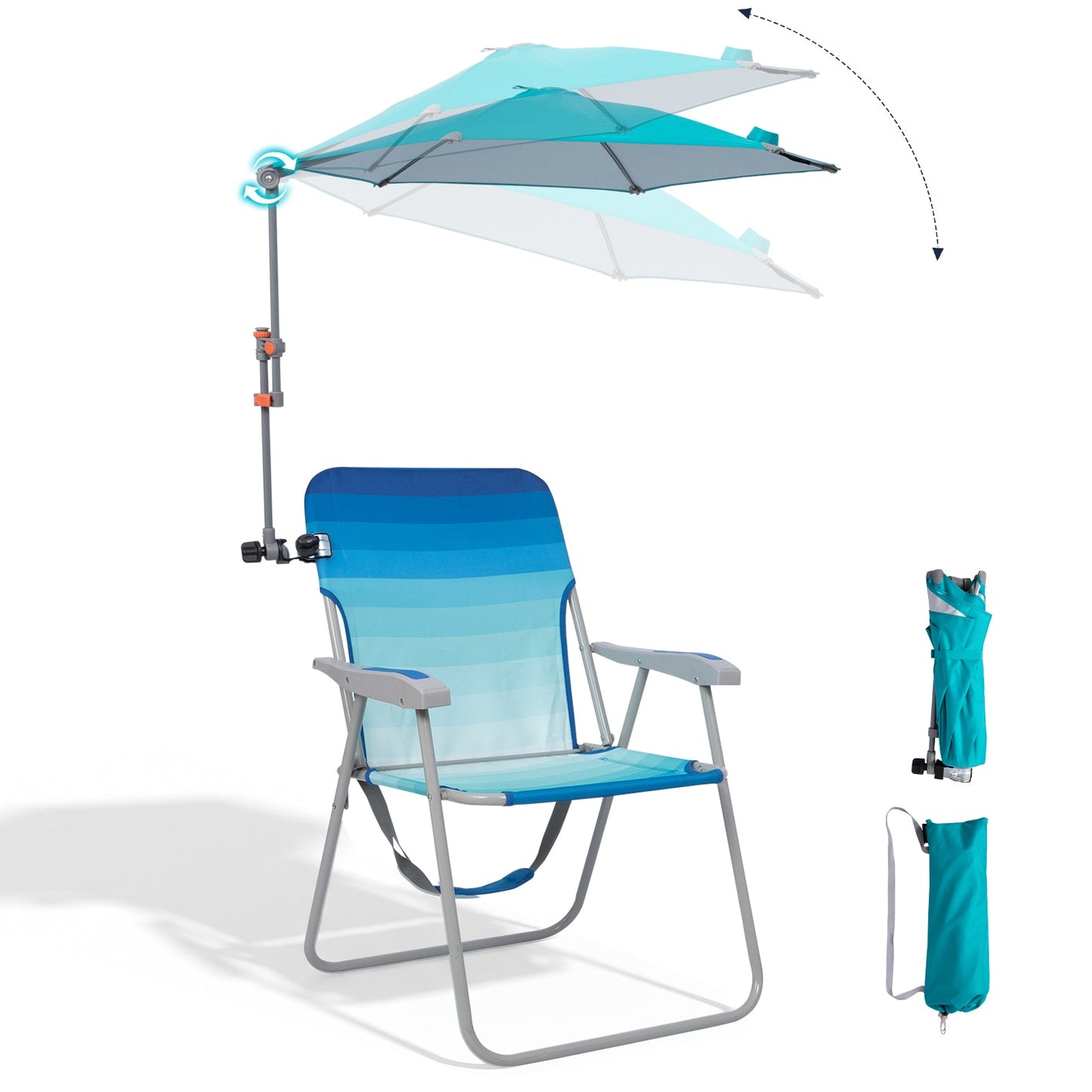 HoverShade Clip-On Umbrella for Beach Chairs, UPF 50+ Adjustable Chair Shade with Clamp, 360° Rotating Canopy & Carry Bag
