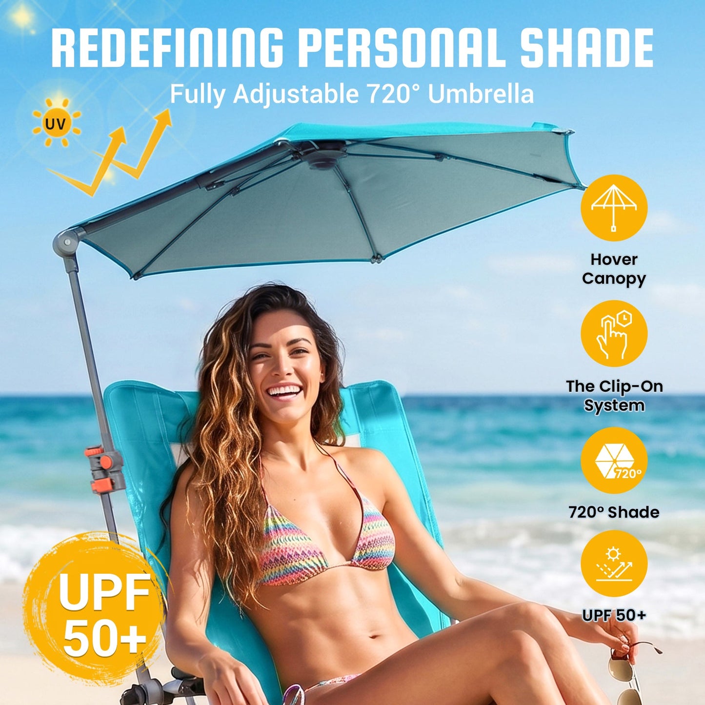 HoverShade Clip-On Umbrella for Beach Chairs, UPF 50+ Adjustable Chair Shade with Clamp, 360° Rotating Canopy & Carry Bag