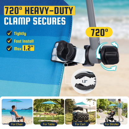 HoverShade Clip-On Umbrella for Beach Chairs, UPF 50+ Adjustable Chair Shade with Clamp, 360° Rotating Canopy & Carry Bag