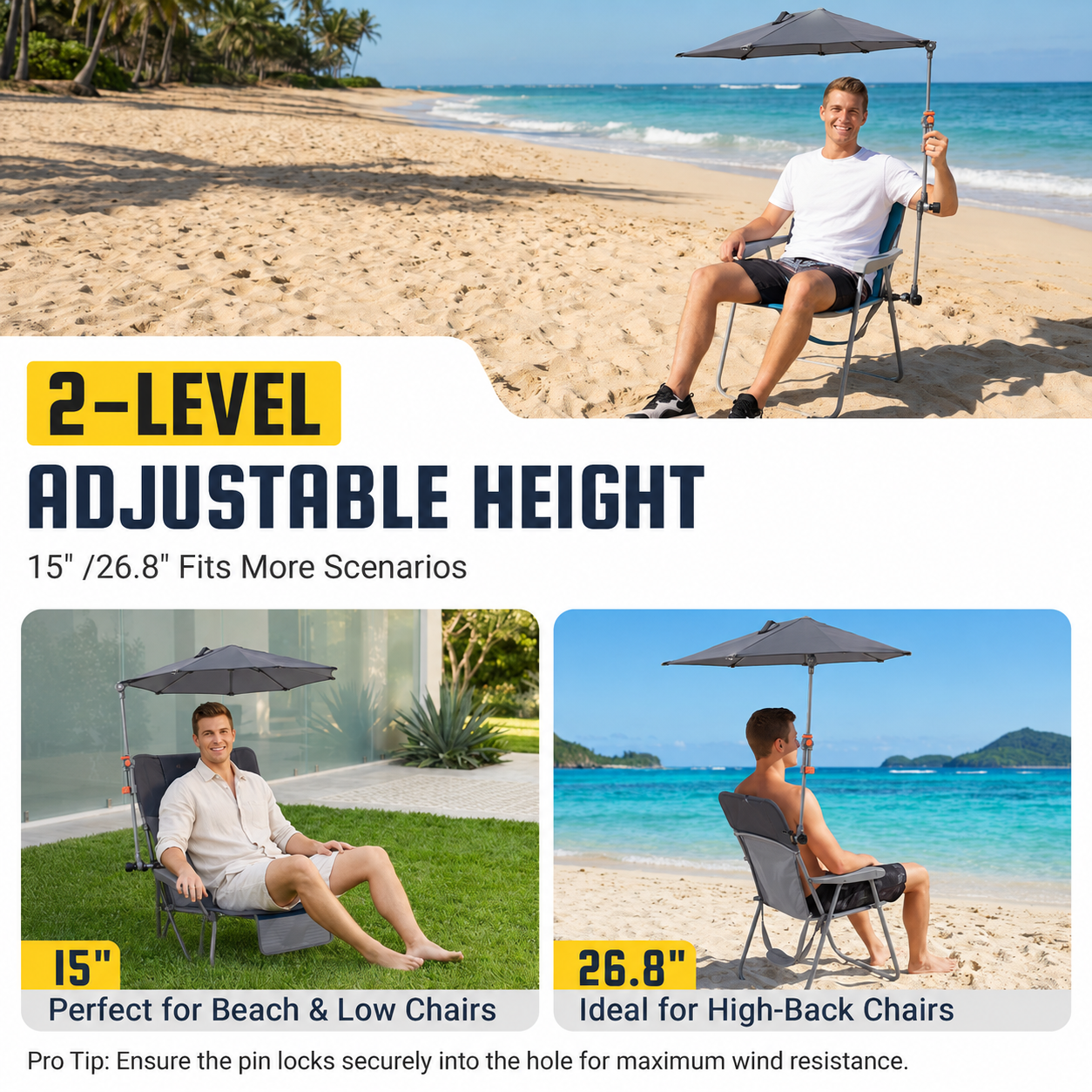 HoverShade Clip-On Umbrella for Beach Chairs, UPF 50+ Adjustable Chair Shade with Clamp, 360° Rotating Canopy & Carry Bag