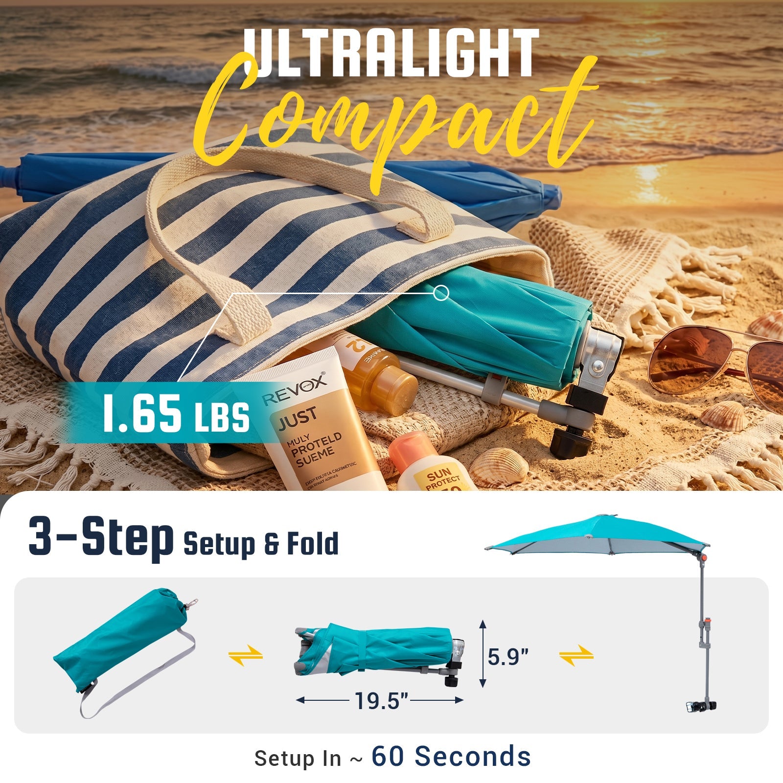 HoverShade Clip-On Umbrella for Beach Chairs, UPF 50+ Adjustable Chair Shade with Clamp, 360° Rotating Canopy & Carry Bag