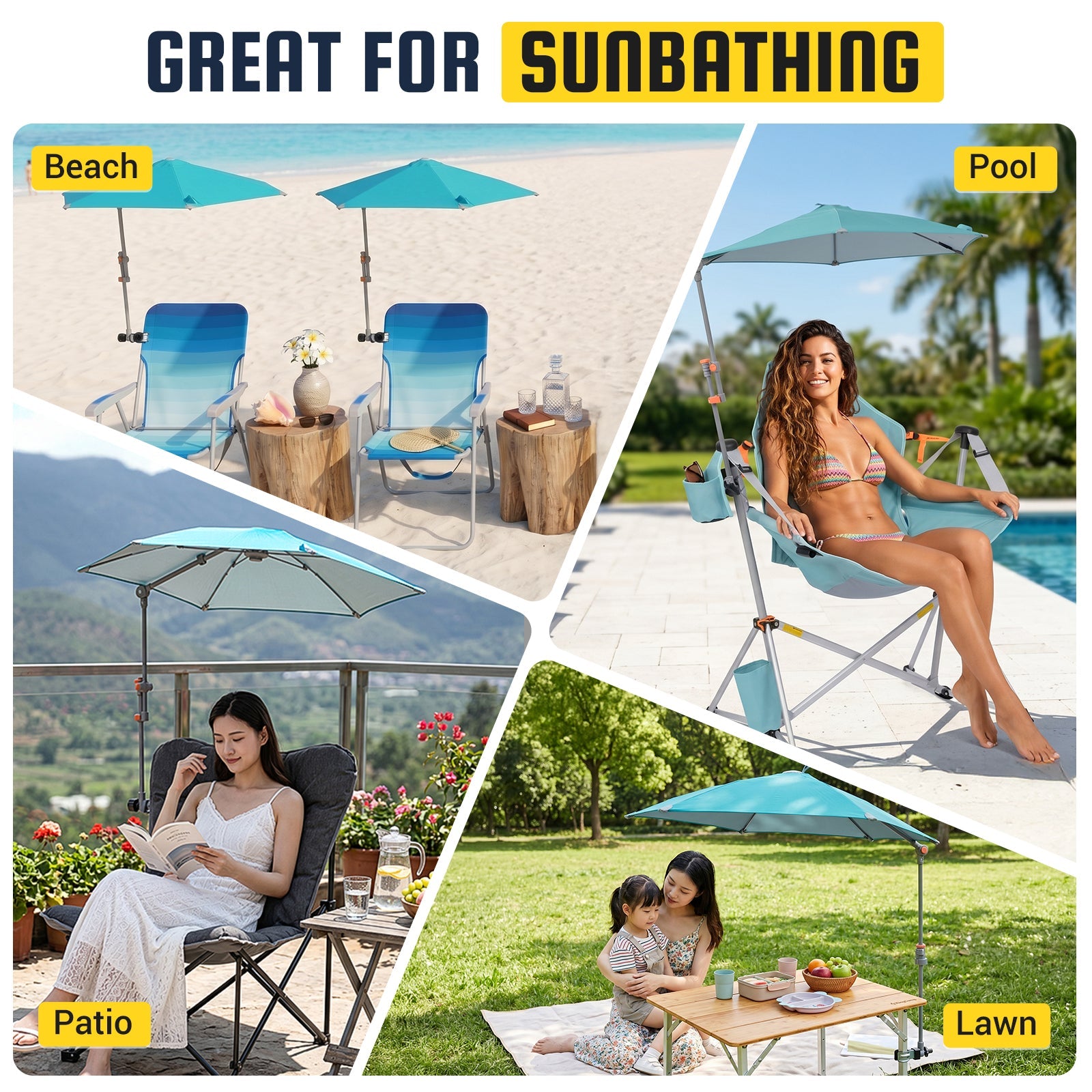 HoverShade Clip-On Umbrella for Beach Chairs, UPF 50+ Adjustable Chair Shade with Clamp, 360° Rotating Canopy & Carry Bag