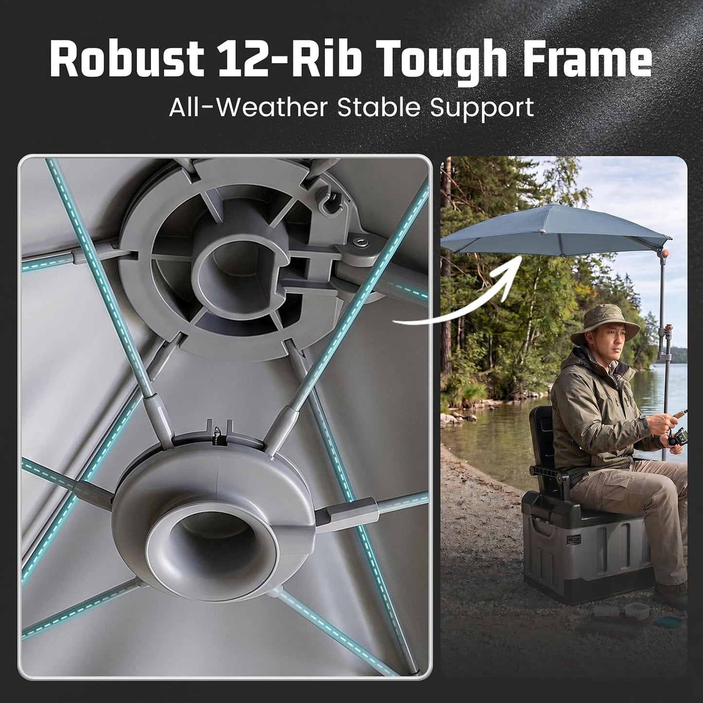 HoverShade Clip-On Umbrella for Chairs, UPF 50+ Adjustable Chair Shade with Clamp Robus 12-rib tough frame all weather stable support