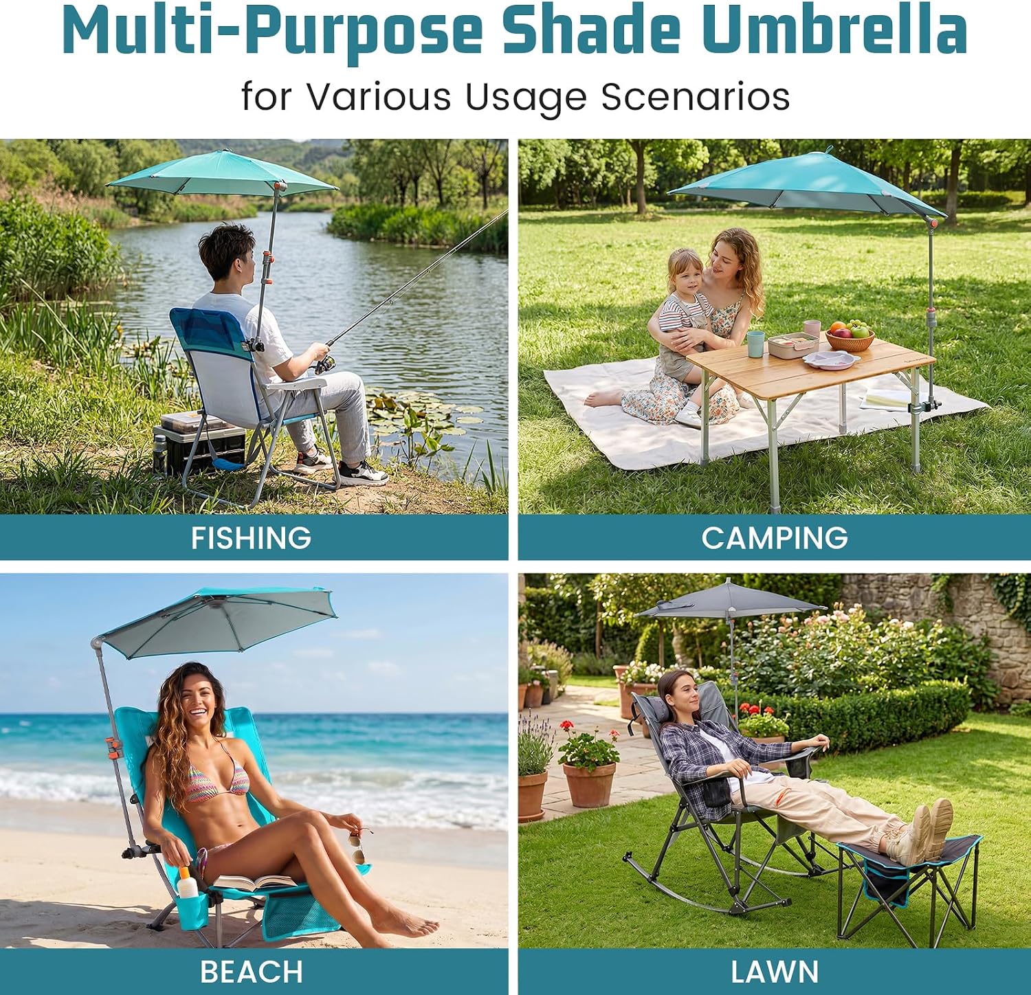 HoverShade Clip-On Umbrella for Beach Chairs, UPF 50+ Adjustable Chair Shade with Clamp, 360° Rotating Canopy & Carry Bag Cyan
