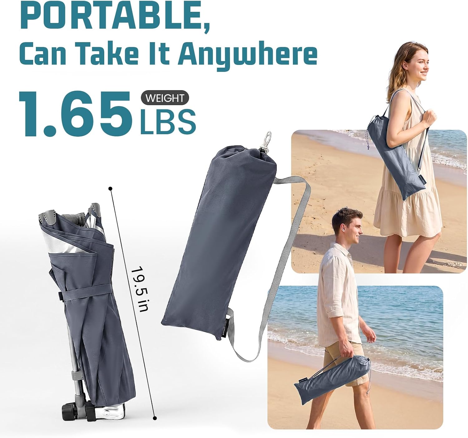 HoverShade Clip-On Umbrella for Beach Chairs, UPF 50+ Adjustable Chair Shade with Clamp, 360° Rotating Canopy & Carry Bag Grey