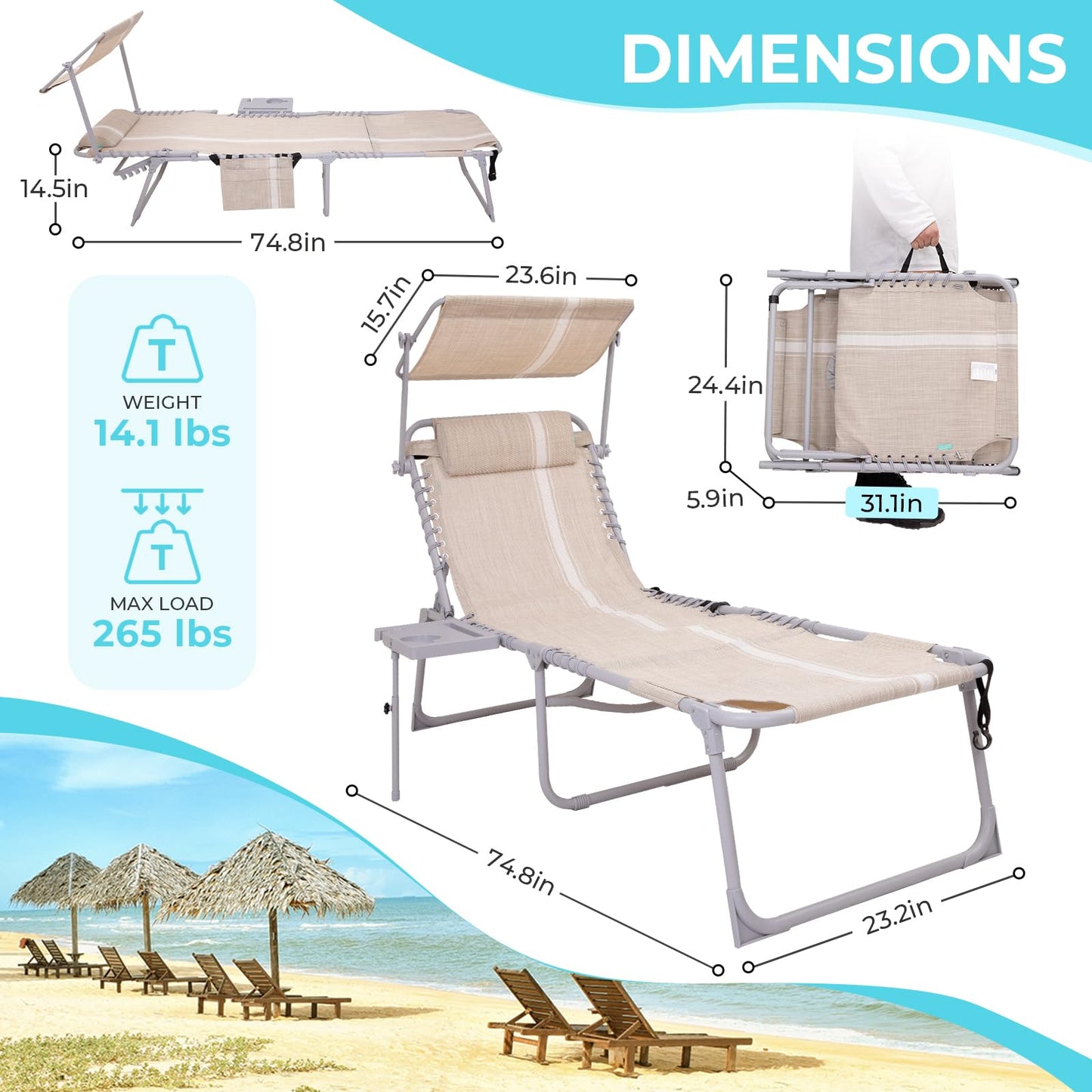 WEJOY Teslin Beach Lounge Chair Plus with Umbrella & Face Hole