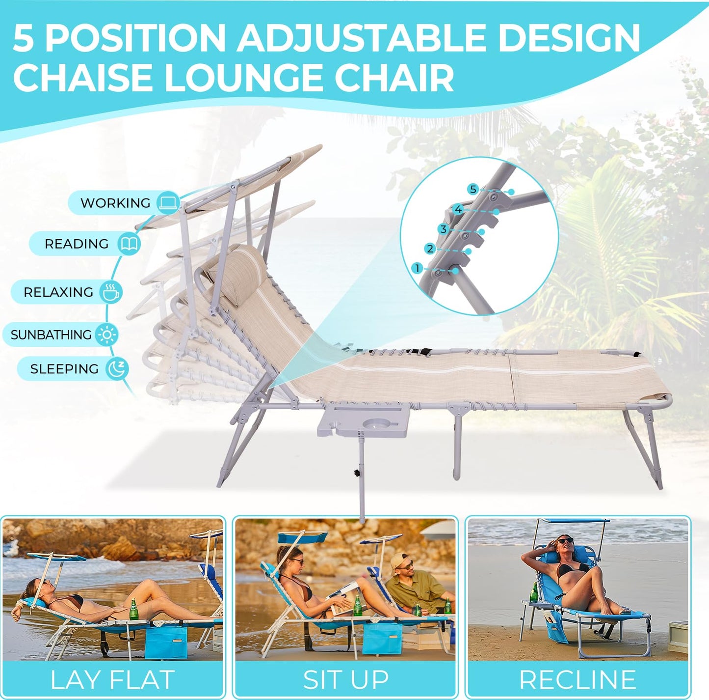 WEJOY Teslin Beach Lounge Chair Plus with Umbrella & Face Hole