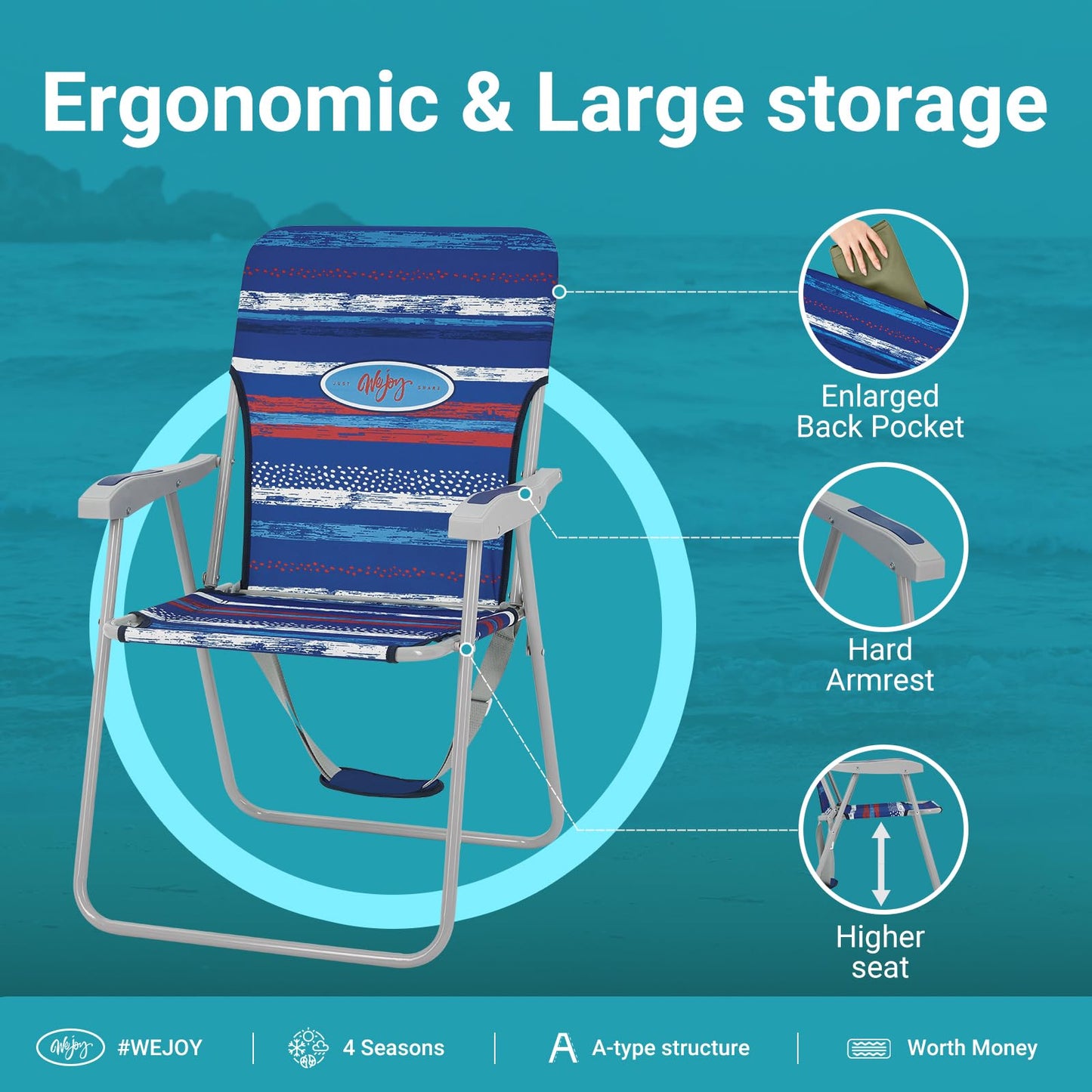 WEJOY 2 Pack Portable Blue Striped Print Folding Lawn Beach Chair