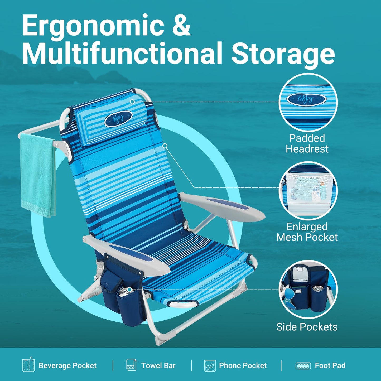 WEJOY Adjustable 4-Position Portable Reclining Beach Chair